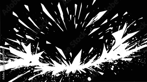 A dynamic black and white abstract graphic depicting a radial explosion or shattered glass effect with sharp, fragmented shapes bursting outwards from a central void.