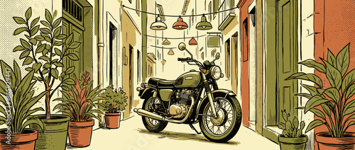 Classic green retro motorcycle parked in a charming narrow alleyway with potted plants and overhead string lights in a vintage comic book art style
