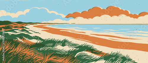 Stylized coastal landscape illustration with sandy dunes, green grass, and calm blue ocean water under a sky with fluffy orange clouds in a retro graphic print style