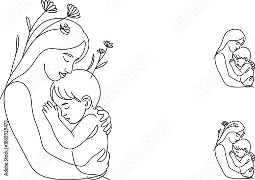 Mother and child line art illustration, minimalist motherhood drawing, floral outline mother baby art, tender parenting embrace design