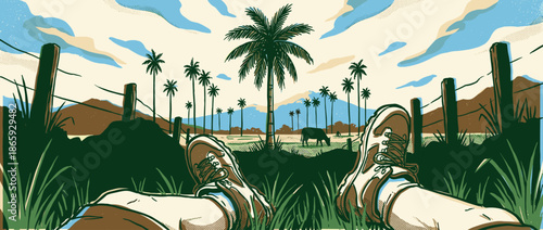 Illustrated first person view of a person relaxing in tall grass while looking out at a beautiful tropical landscape with palm trees, mountains, and a fence