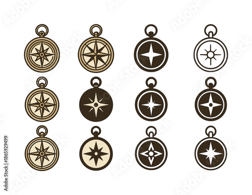 Vintage Compass Icons. Vintage compass. Icon set. Set Logo of vintage compass: brass hinge detail. harmonious logo variations of the same emblematic concept,