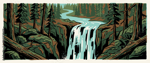 Stylized graphic illustration of a waterfall cascading down a rocky cliff in a dense evergreen forest with a winding river, rendered in a retro comic book style with bold lines