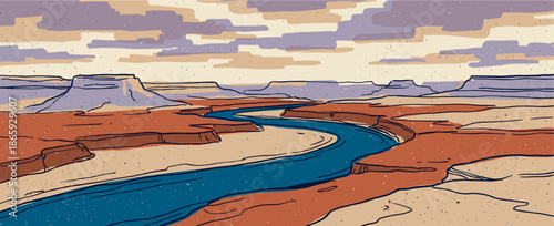 River canyon landscape illustration in a hand-drawn style, showing a blue waterway winding through red rock formations and mesas under a textured, cloudy sky in a retro color palette