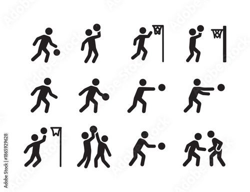 Basketball Icon Set. Basketball moves. Solid icon set of Basketball moves: dribble, jump shot, layup, dunk, crossover, spin move, chest pass, bounce pass,