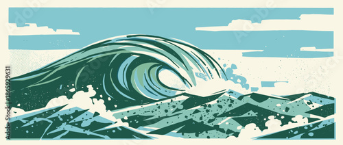 Large stylized ocean wave illustration curls into a powerful barrel with splashing foam and spray in a minimalist, retro graphic art style with a limited color palette