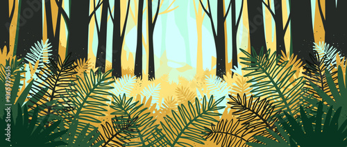Stylized forest illustration with golden fern leaves and dark tree trunks in a magical, enchanting woodland scene with a modern, flat graphic design style