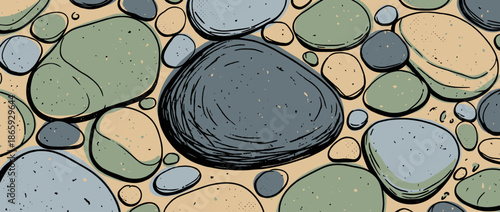 Hand-drawn seamless pattern of colorful smooth stones in a graphic cartoon style with bold black outlines and earthy tones, creating a natural and organic abstract texture