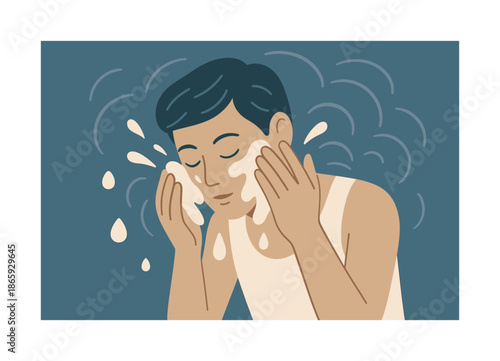 Refreshing Face Wash. Face washing. A person gently splashing water on their face; curved motion lines suggesting soothing care. Floating drops and soft steam