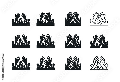 Cheering Crowd Icons. Applause from audience. Icon set. Set Logo of Applause from audience: Crowd Silhouette in Cheering Pose. harmonious logo variations of