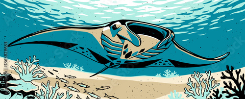 Graphic illustration of a majestic manta ray swimming gracefully in the turquoise ocean, gliding over a sandy seabed with coral reefs and a school of fish