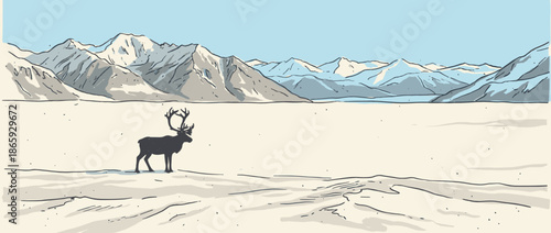 Lone reindeer silhouette with large antlers stands in a vast, cold arctic landscape with snow-capped mountains on the horizon in a minimalist hand-drawn vector style