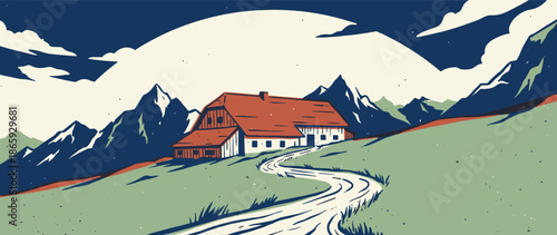 Rustic farmhouse with a red roof and white walls is nestled on a green hillside with a winding path in a serene mountain range under a dramatic sky