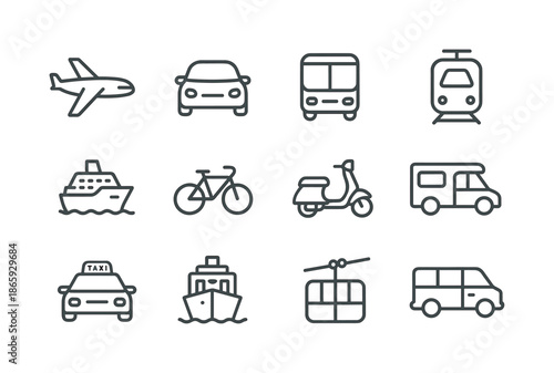 Vacation Transport Icons. Vacation transportation. Line icon set of Vacation transportation: airplane, car, bus, train, cruise ship, bicycle, scooter, RV