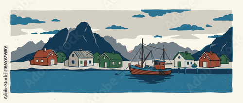 Stylized hand-drawn illustration of a fishing village with a moored boat, colorful wooden houses, and majestic mountains under a cloudy sky