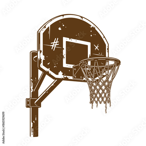 Brown illustration of a basketball hoop with net and backboard on transparent background