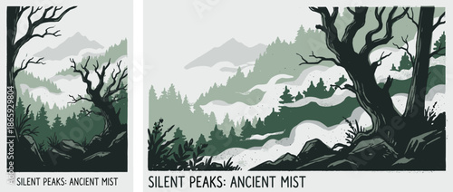 Misty mountain forest landscape illustration with gnarled trees, rolling fog, and distant peaks in a moody, monochromatic green palette, creating a serene and wild atmosphere