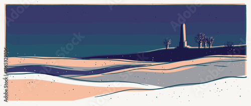 Minimalist landscape illustration of a solitary monument on a distant hill during a quiet, snowy winter night, depicted in a flat, graphic style with a cool color palette