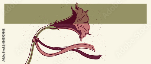 Stylized trumpet flower illustration with a ribbon tied around its stem in a vintage, minimalist style with muted colors and speckle details for a modern botanical design
