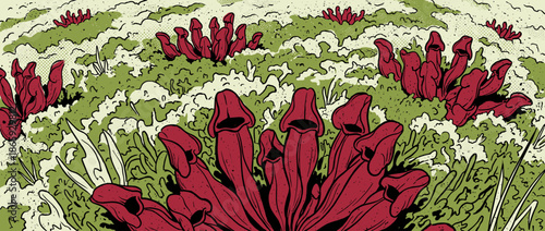 Illustrated red carnivorous plants with dark openings grow in clusters from green moss in a surreal, alien landscape with a gritty comic book art style and stippling texture