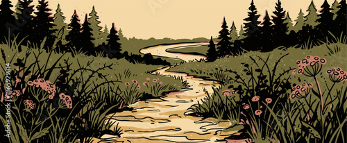 Winding path meanders through a tranquil forest meadow with silhouetted pine trees and pink wildflowers in a serene, graphic, vintage-style nature illustration