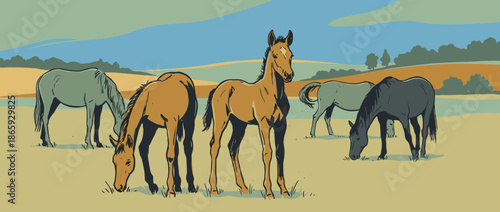 Herd of illustrated horses and a foal grazing peacefully in a stylized rural pasture, depicted in a retro graphic novel style with a limited, earthy color palette