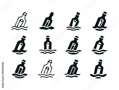 Message in Bottle. Message in bottle. Icon set. Set Logo of message in bottle: floating bottle icon. harmonious logo variations of the same emblematic concept,