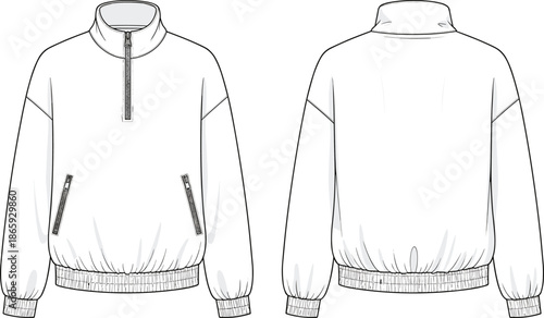 Men’s quarter zip pullover jacket fashion flat sketch with front and back views ribbed hem cuffs and zip pockets