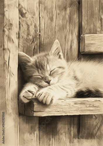 Sleepy Kitten Serenity: A delicate kitten finds its peace while sleeping comfortably on a weathered wooden surface, revealing pure innocence and contentment.