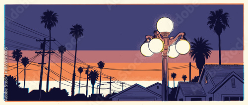 Graphic illustration of a suburban streetscape at dusk featuring a glowing vintage streetlamp, silhouetted palm trees, and houses under a colorful striped sky