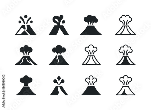 Volcano Logo Variations. Natural disasters. Icon set. Set Logo of Natural disasters: erupting volcano. harmonious logo variations of the same emblematic
