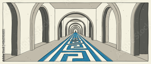 Long illustrated hallway with repeating stone arches and a blue geometric runner leading into the distance in a one-point perspective drawing
