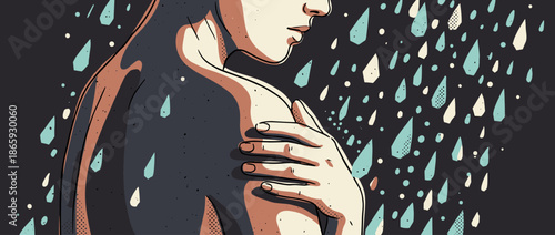 Person's shoulder and hand in a graphic novel illustration style, depicting a melancholic and lonely figure standing in the rain with a pensive, introspective mood