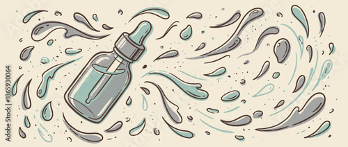 Glass cosmetic dropper bottle with serum or essential oil surrounded by energetic water splashes in a hand-drawn, retro doodle style for a natural skincare theme