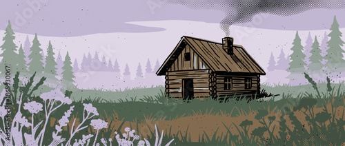 Rustic wooden log cabin with smoke rising from its chimney, illustrated in a graphic comic style with a serene forest and meadow landscape