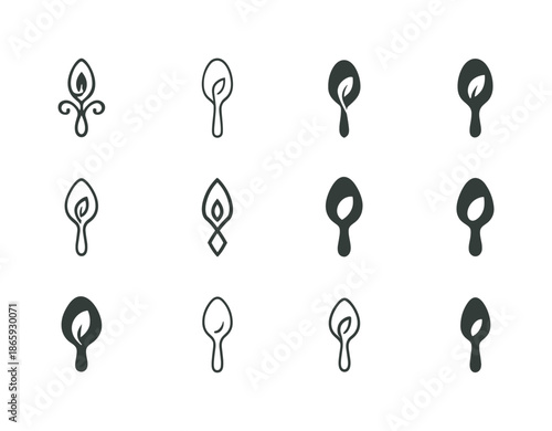 Fine Dining Logos. fine dining. Icon set. Set Logo of fine dining: gourmet tasting spoon. harmonious logo variations of the same emblematic concept, each with