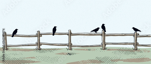 Several black crow silhouettes perched on a rustic wooden post and rail fence in a calm countryside landscape with a hand-drawn illustrative and graphic style
