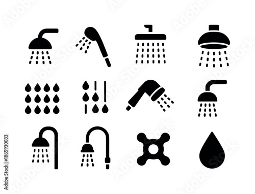Showerhead Icon Collection. Showerhead spray. Solid icon set of showerhead spray: wall showerhead, handheld showerhead, rain shower, ceiling shower, spray