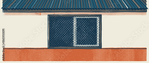 Dark security screen window with a diamond mesh pattern on a building facade under a blue corrugated roof, rendered in a retro halftone comic book illustration style