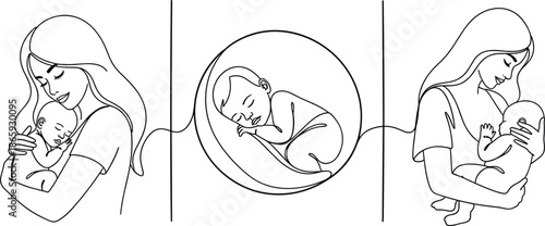 Mother and baby continuous line illustration showing pregnancy fetus newborn care and maternal love concept in minimalist outline style