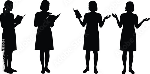 Silhouette of woman reading book, public speaking, presenting information, standing pose, storytelling gesture, black and white vector art, communication, education, literature scene.