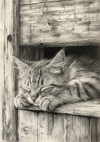 Sleeping Kitten: A charming black and white monochrome drawing captures the peaceful slumber of a kitten nestled in a rustic wooden structure.
