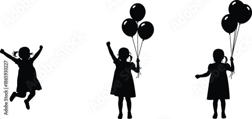 Silhouette of joyful little girl with balloons, celebrating freedom, happiness, and childhood innocence, fun, playful, positive emotions, outdoor activity, smiling