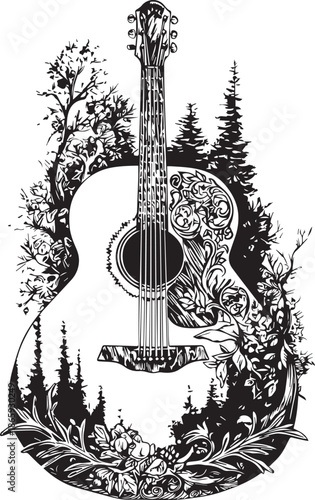 Melodic Forest Harmony: An elegant acoustic guitar, adorned with floral and forest-inspired ornamentation, serenades the eye with its intricate design and harmonious blend of nature and music.