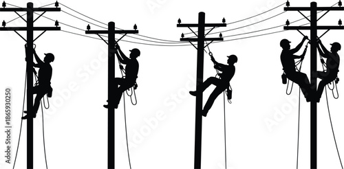 Silhouette of linemen working on utility poles, electrical maintenance, power line repair, safety harness, electrical workers, utility technicians, energy infrastructure