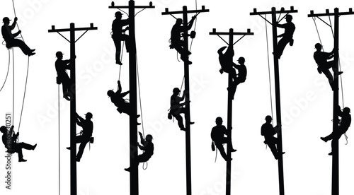 Silhouette of linemen climbing poles, electrical workers on duty, utility maintenance, power line repair, safety gear, teamwork, infrastructure service, outdoor work