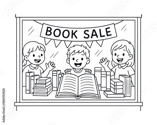 Children's Bookshop Display. Bookshop window display children?s coloring book illustration, outlined drawing, large front window filled with stacked and