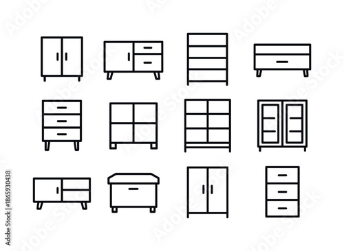 Storage Furniture Icons. Storage furniture. Line icon set of Storage furniture: cabinet, sideboard, shelving unit, storage bench, drawer chest, modular cube,