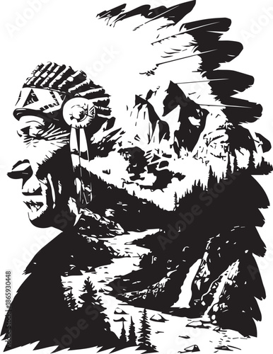 Native American Art and Landscape: An artistic illustration merging a portrait of a Native American with a mountainous landscape, celebrating the rich cultural heritage and connection to nature.