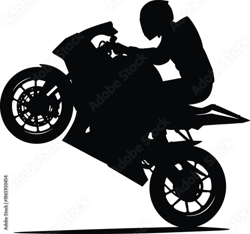 Silhouette of motorcycle rider performing wheelie, extreme sport action, motorbike stunt, black vector illustration, biker jump, high-speed racing